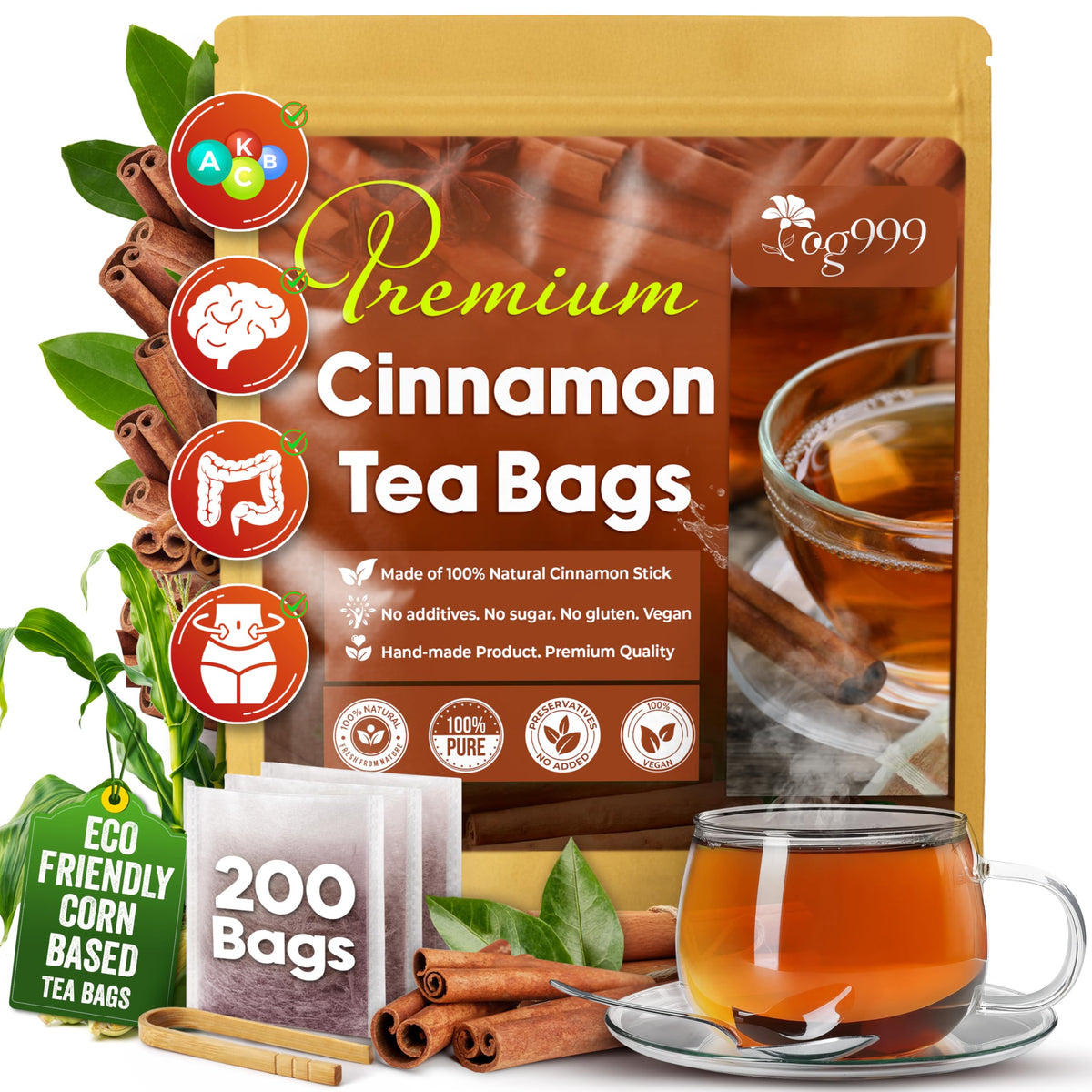 TOG999 Premium 200 Cinnamon Tea Bags – 100% Natural Cinnamon Herbal Tea