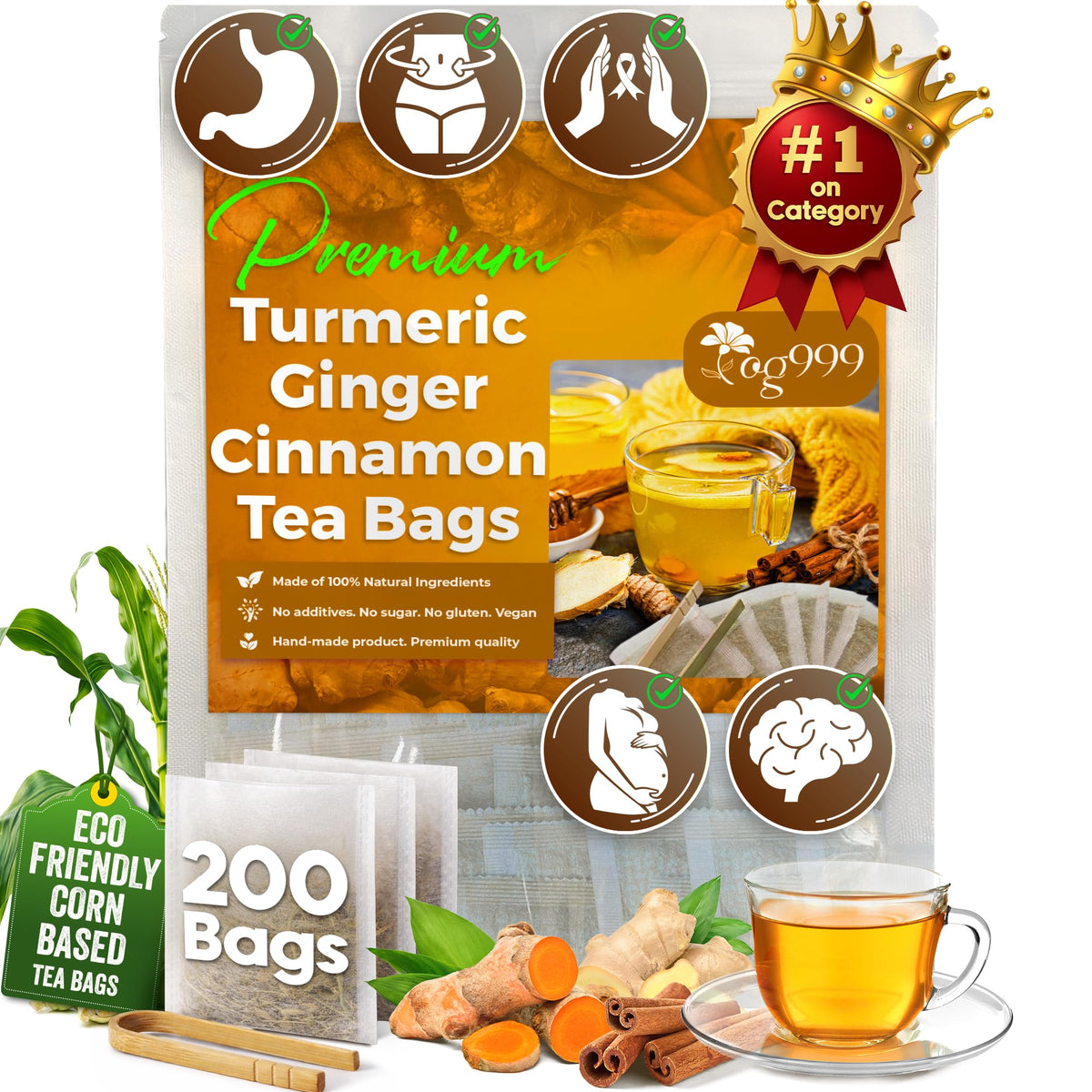 TOG999 Premium Turmeric Ginger Cinnamon Tea Bags – 200 Count, Caffeine-Free, Vegan