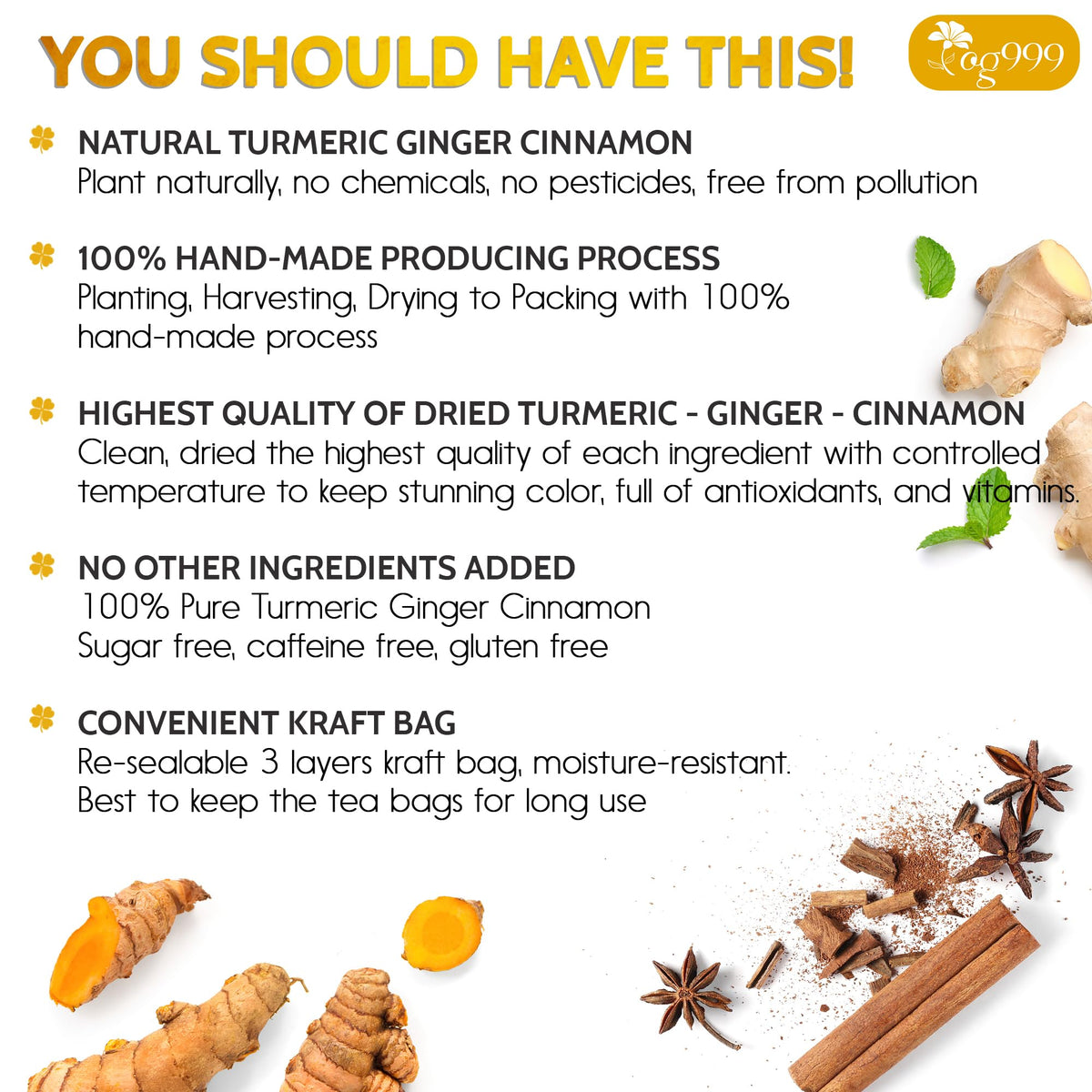 TOG999 Turmeric Ginger Cinnamon Tea Bags – 200 Count, 100% Natural, Eco-Friendly, Caffeine-Free, Vegan