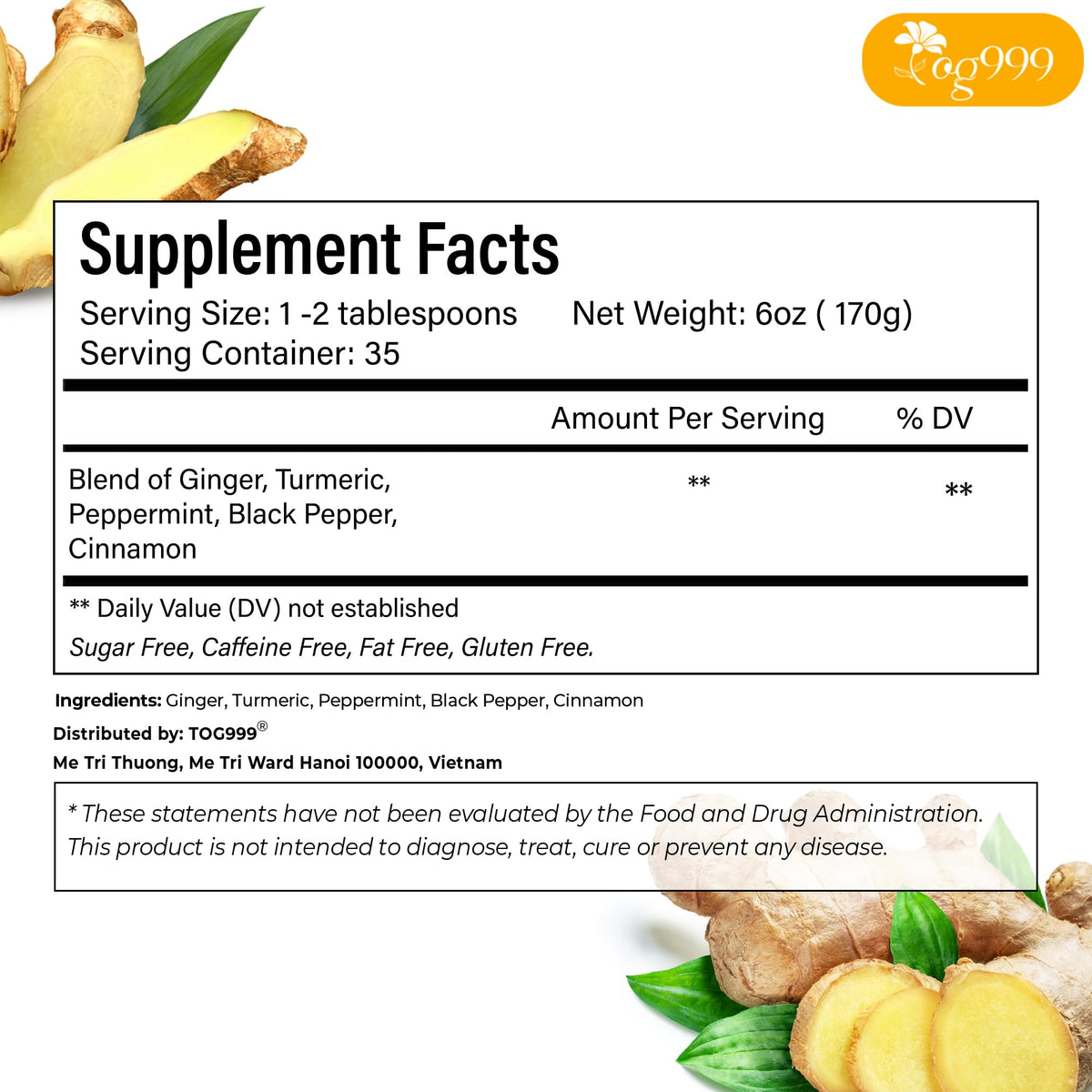 TOG999 Anti-Inflammaheb Loose Leaf Tea — 12oz / 200 Cups, Ginger Turmeric Peppermint Cinnamon