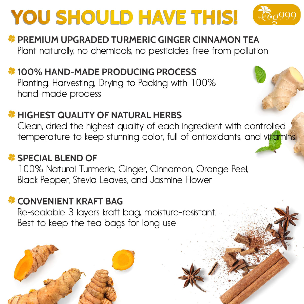 TOG999 Premium Turmeric Ginger Cinnamon Tea Bags – 200 Count, Caffeine-Free, Vegan