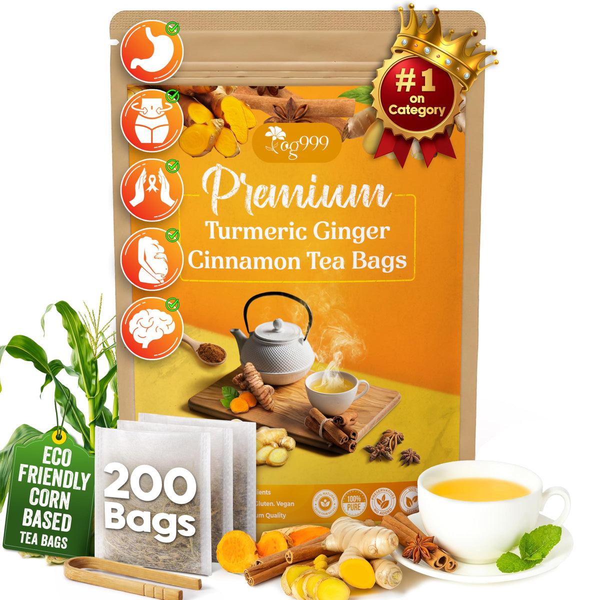 TOG999 Turmeric Ginger Cinnamon Tea Bags – 200 Count, 100% Natural, Eco-Friendly, Caffeine-Free, Vegan