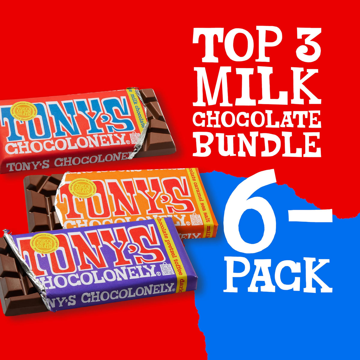 Tony's Chocolonely Top 3 Milk Chocolate Bundle – 6 Bars | Fairtrade & B Corp Certified