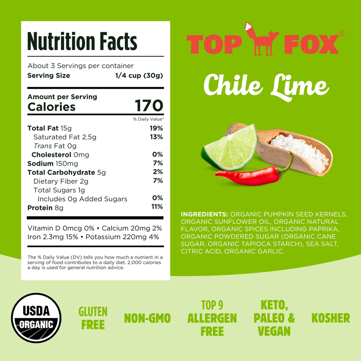 Top Fox Snacks Pumpkin Seeds to Eat – Chile Lime (3.5 oz, 6 Pack) – Gluten Free, Keto, Paleo & Vegan