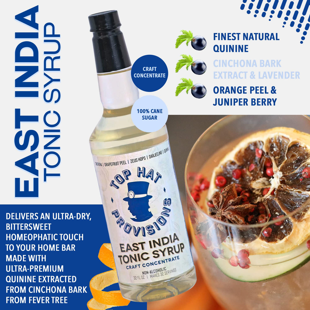 Top Hat East India Tonic Syrup – 2x32oz Pack, 5x Natural Quinine Tonic Concentrate