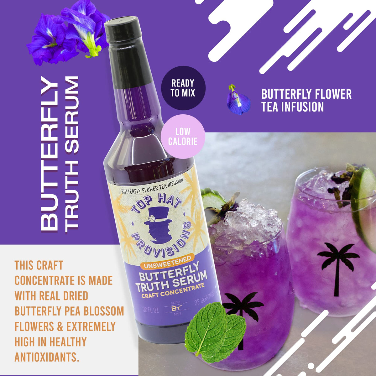 Top Hat Butterfly Truth Serum - Butterfly Pea Flower Extract | Indigo Blue Hue for Drinks - 32oz