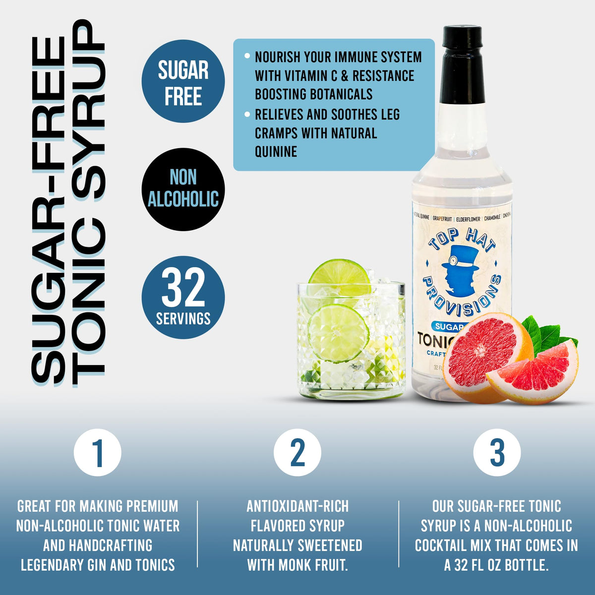 Top Hat Provisions Keto Sugar Free Tonic Syrup 32oz | 5x Quinine Concentrate + Organic Monk Fruit