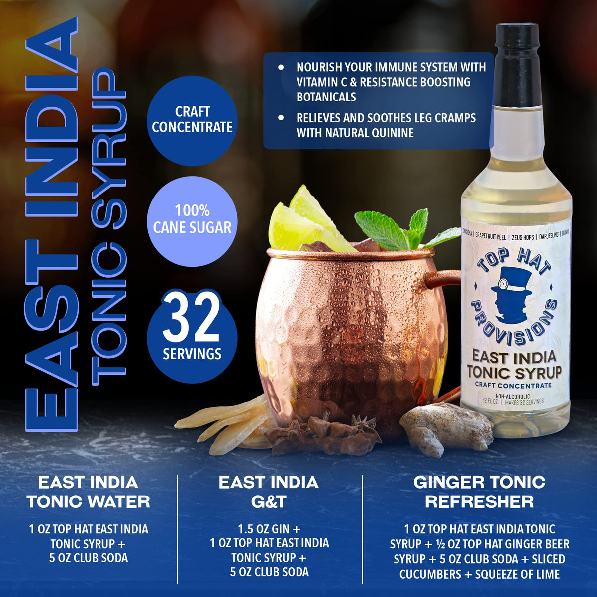 Top Hat East India Quinine Tonic Syrup – 32oz Concentrate for Premium Tonic & G&T