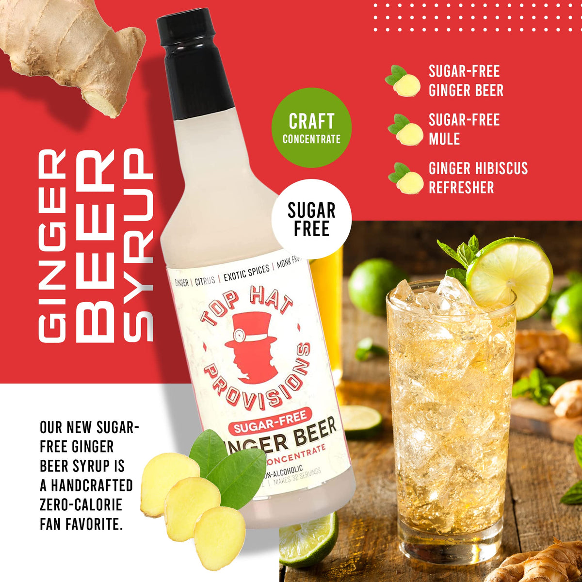 Top Hat Provisions Keto Sugar Free Ginger Beer Syrup – 32oz (Monk Fruit)