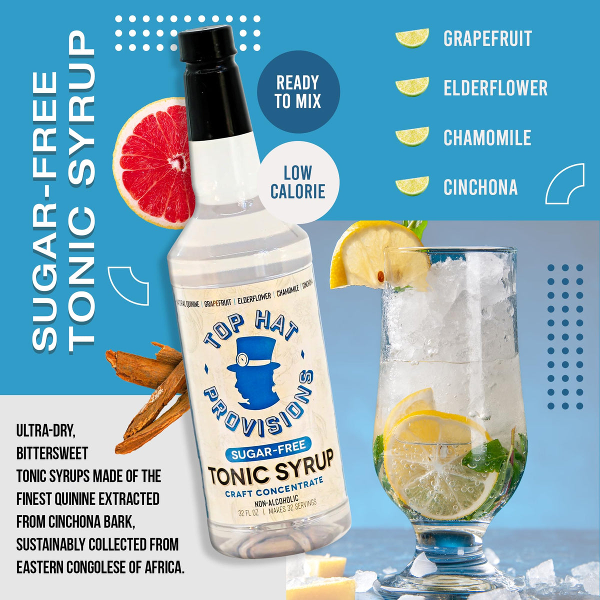 Top Hat Provisions Keto Sugar Free Tonic Syrup 32oz | 5x Quinine Concentrate + Organic Monk Fruit