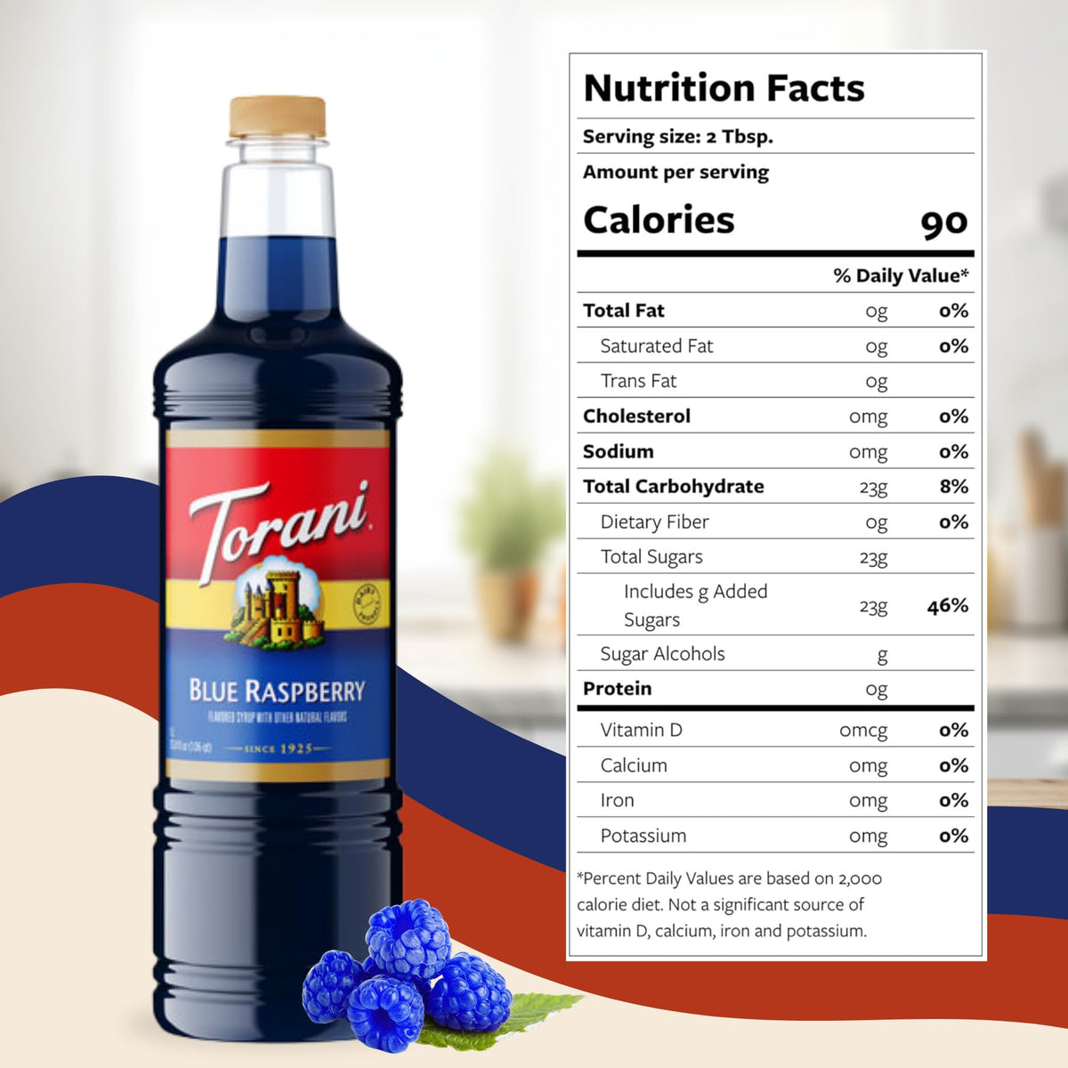 Torani Blue Raspberry Syrup 1L with Pump Dispenser | Pure Cane Sugar & Natural Flavors