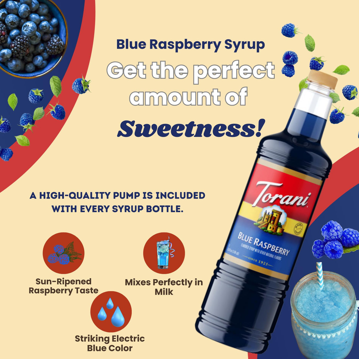 Torani Blue Raspberry Syrup 1L with Pump Dispenser | Pure Cane Sugar & Natural Flavors