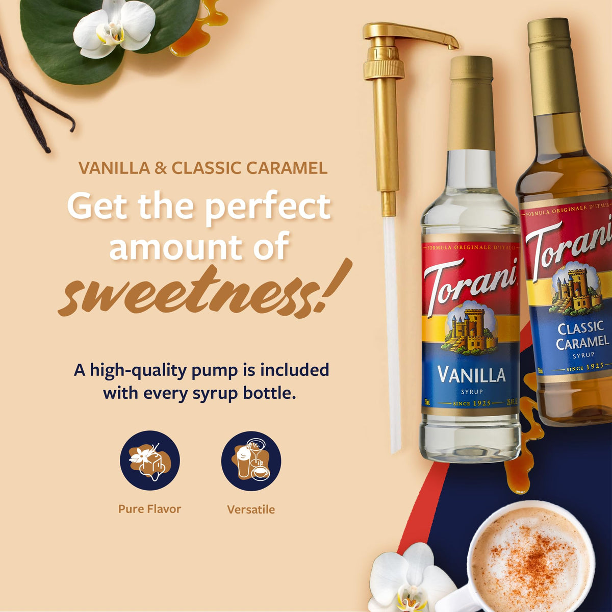 Torani Syrups: Classic Caramel & Vanilla 2-Pack with Pumps – 25.4 fl oz each