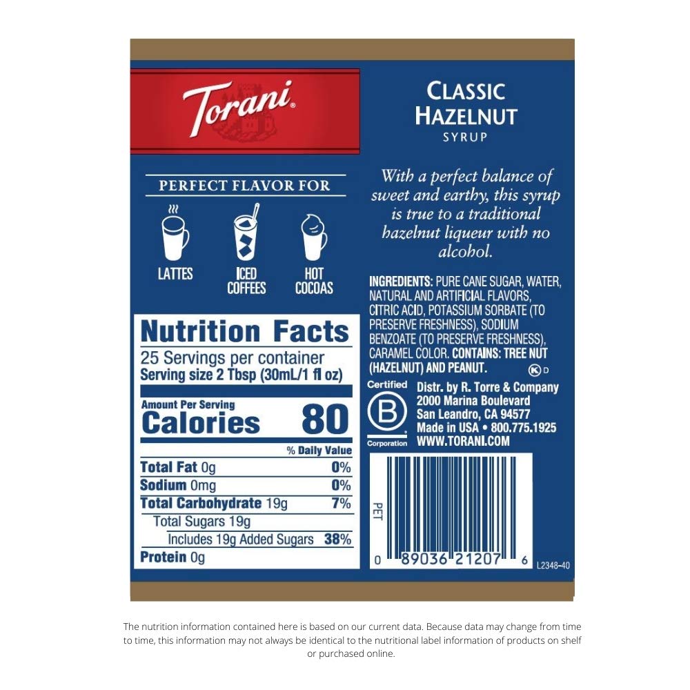 Torani Classic Hazelnut Syrup – 25.4 oz (Pack of 4) | Premium Coffeehouse Flavor