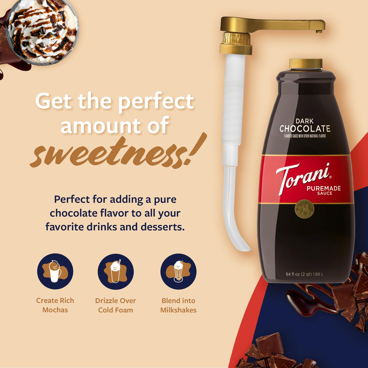 Torani Puremade Dark Chocolate Sauce – Non-GMO, 4 lb Bottle with Pump