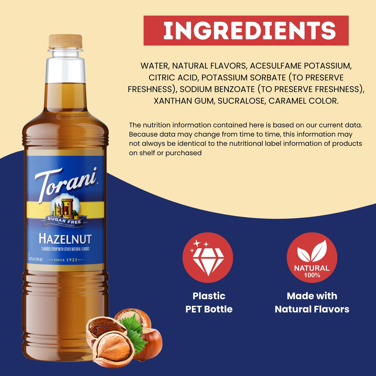 Torani Sugar Free Hazelnut Syrup – 1 L with Pump | Zero Calories, Keto & Diabetic Friendly