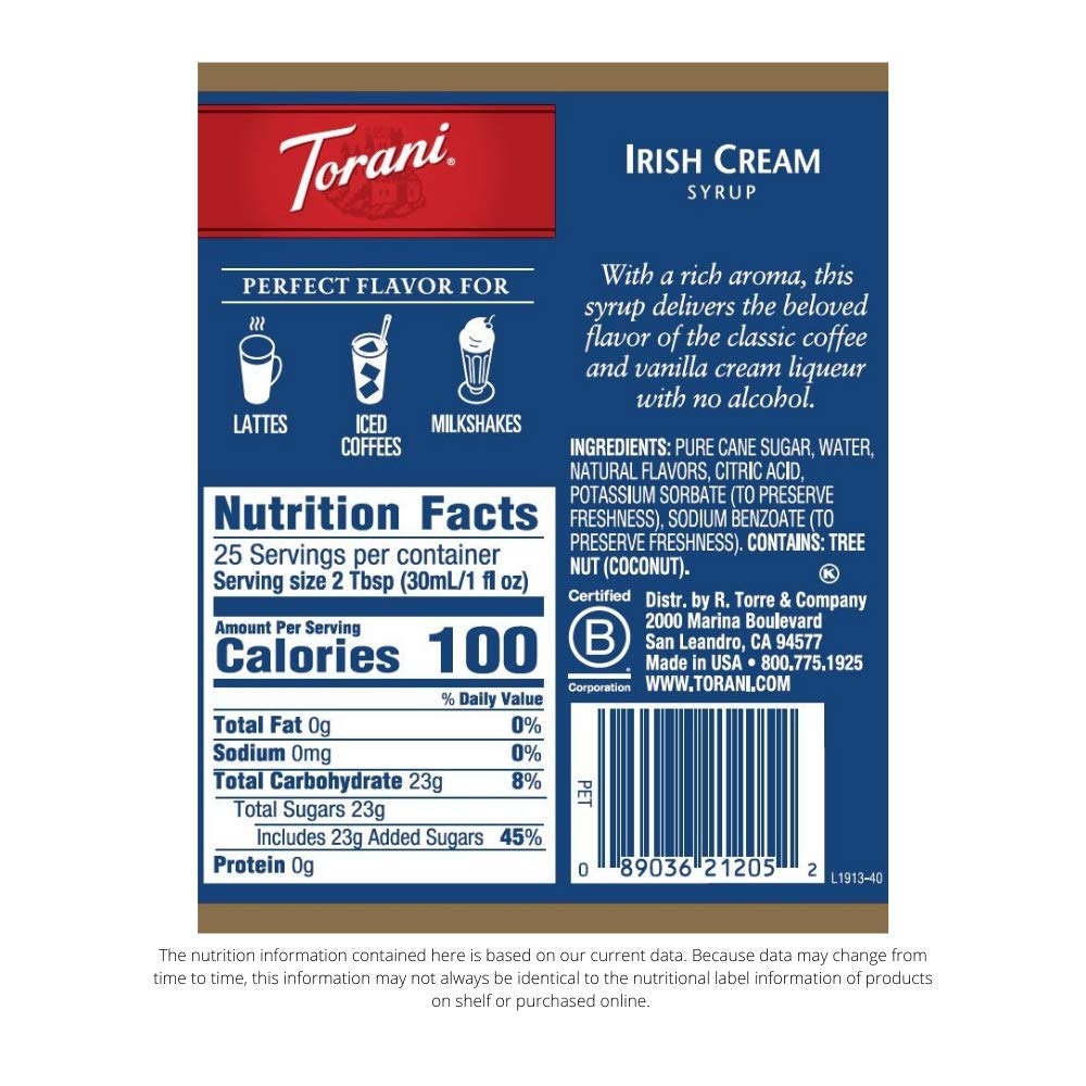 Torani Irish Cream Syrup – 25.4 oz Pack of 4 – Non-Alcoholic Coffeehouse Flavor