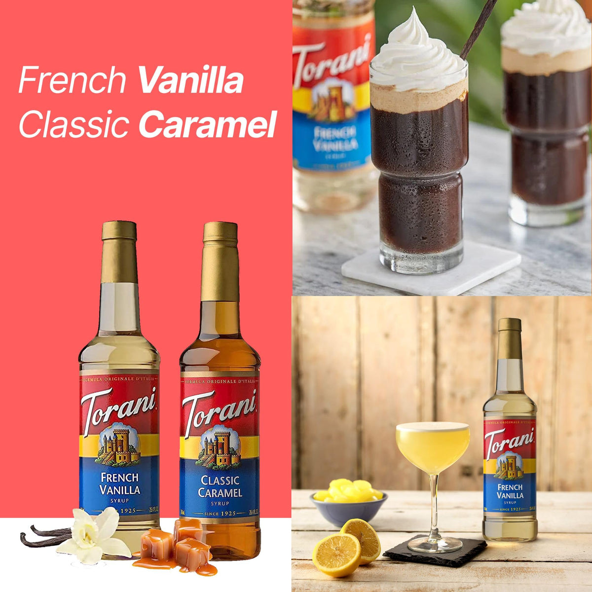 Torani Jimoco Syrup Pump Dispenser Bundle: French Vanilla & Classic Caramel for 25.4 oz Torani Bottles
