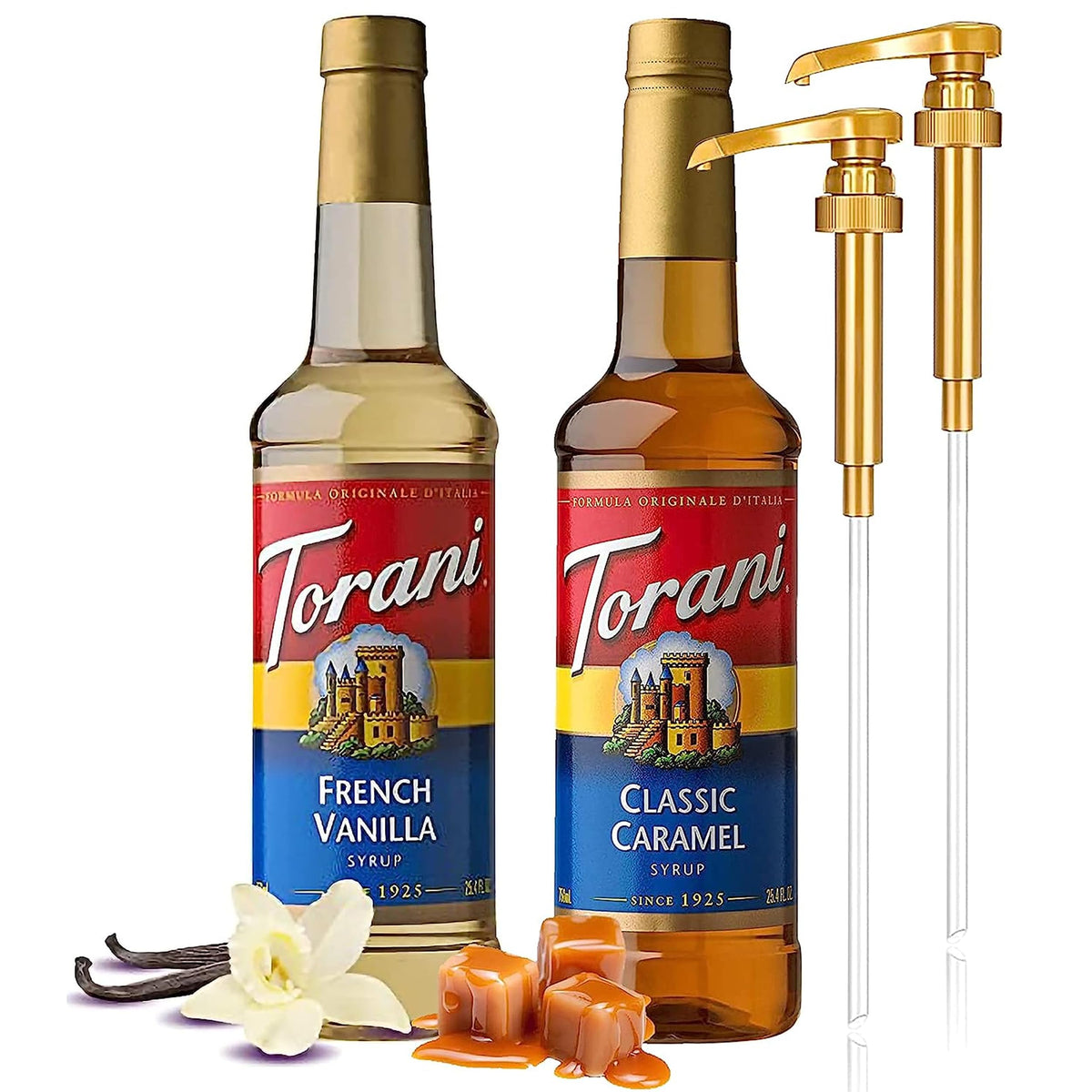 Torani Jimoco Syrup Pump Dispenser Bundle: French Vanilla & Classic Caramel for 25.4 oz Torani Bottles