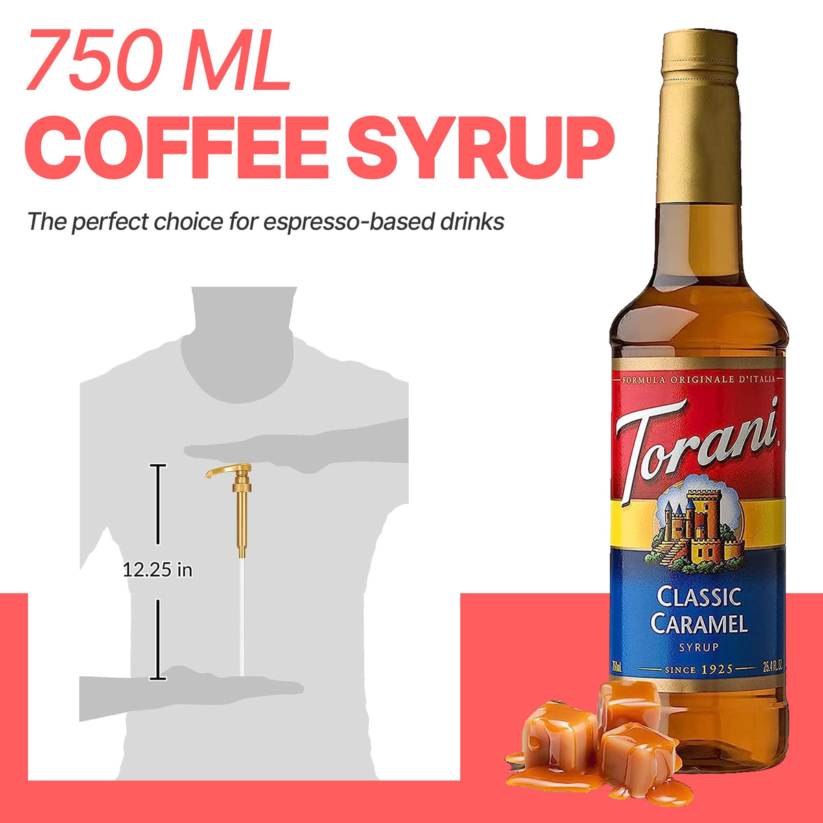 Torani Jimoco Syrup Pump Dispenser Bundle: French Vanilla & Classic Caramel for 25.4 oz Torani Bottles