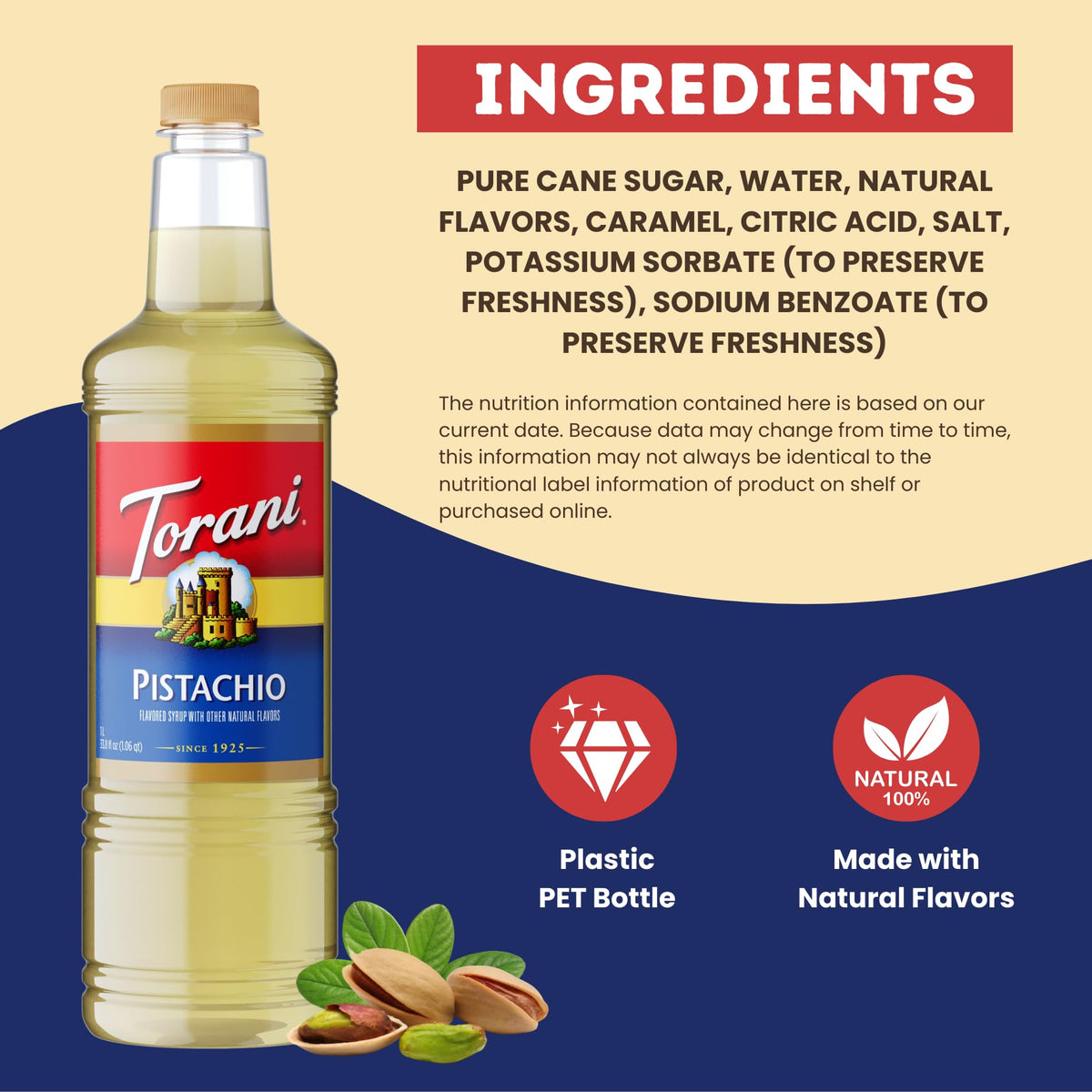 Torani Pistachio Coffee Syrup 1 Liter Bottle with Pump – Pure Cane Sugar & Natural Pistachio Flavor