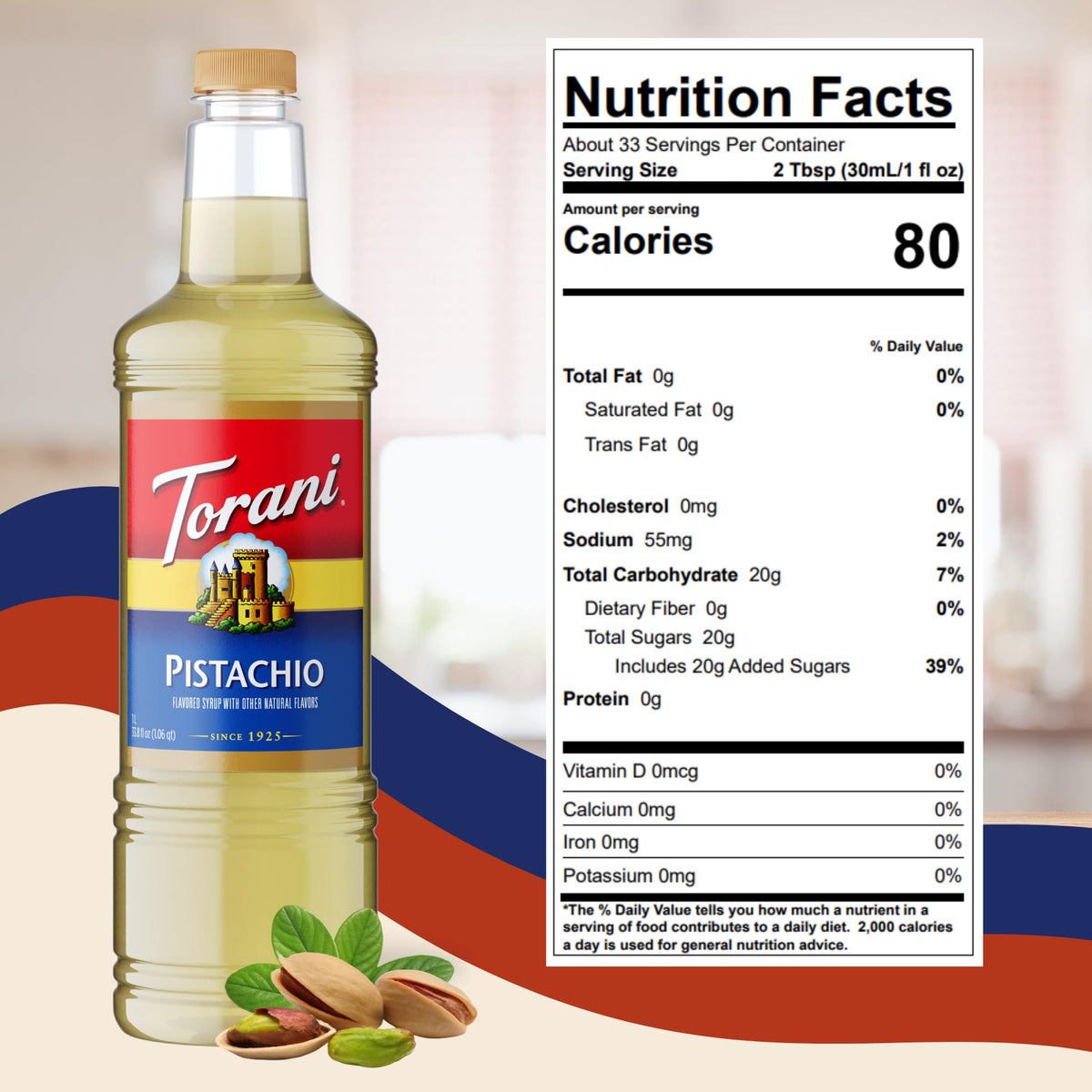 Torani Pistachio Coffee Syrup 1 Liter Bottle with Pump – Pure Cane Sugar & Natural Pistachio Flavor