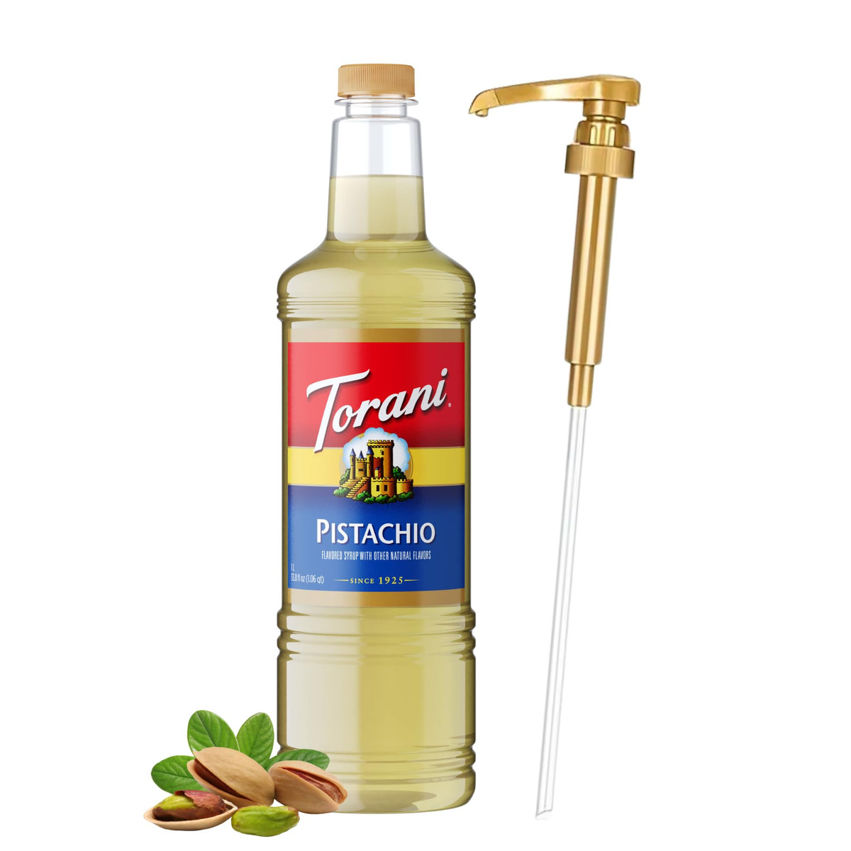 Torani Pistachio Coffee Syrup 1 Liter Bottle with Pump – Pure Cane Sugar & Natural Pistachio Flavor