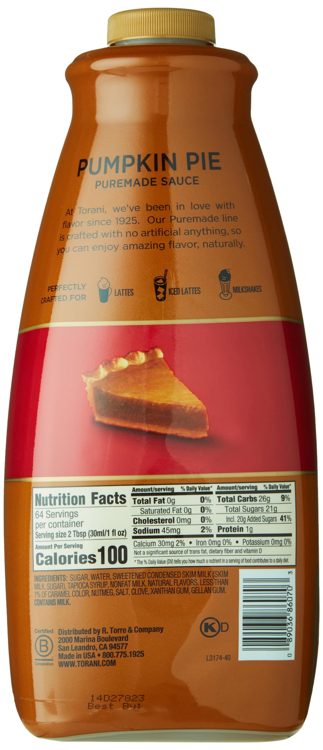 Torani Pumpkin Pie Puremade Sauce 64 oz Bottle – Flavor for Coffee & Desserts