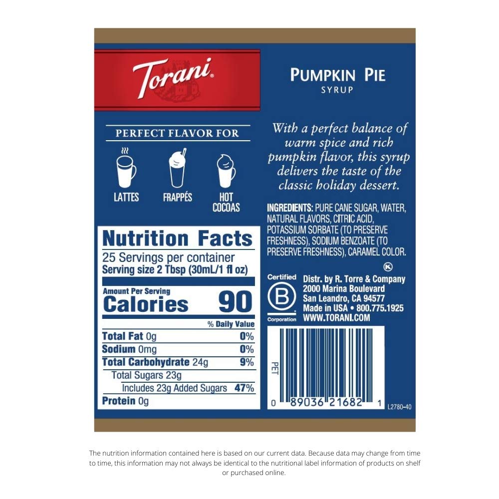 Torani Pumpkin Pie Syrup – 25.4 oz Bottles (Pack of 4) | Authentic Coffeehouse Flavor
