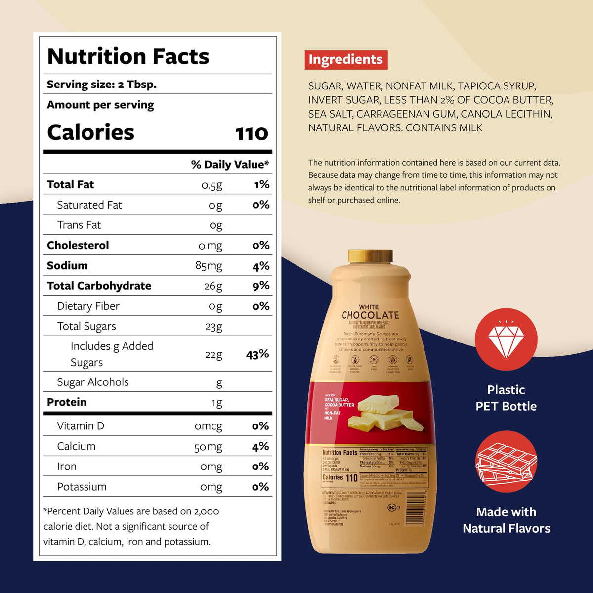 Torani Puremade White Chocolate Sauce – 64 oz (4 lb) with Pump