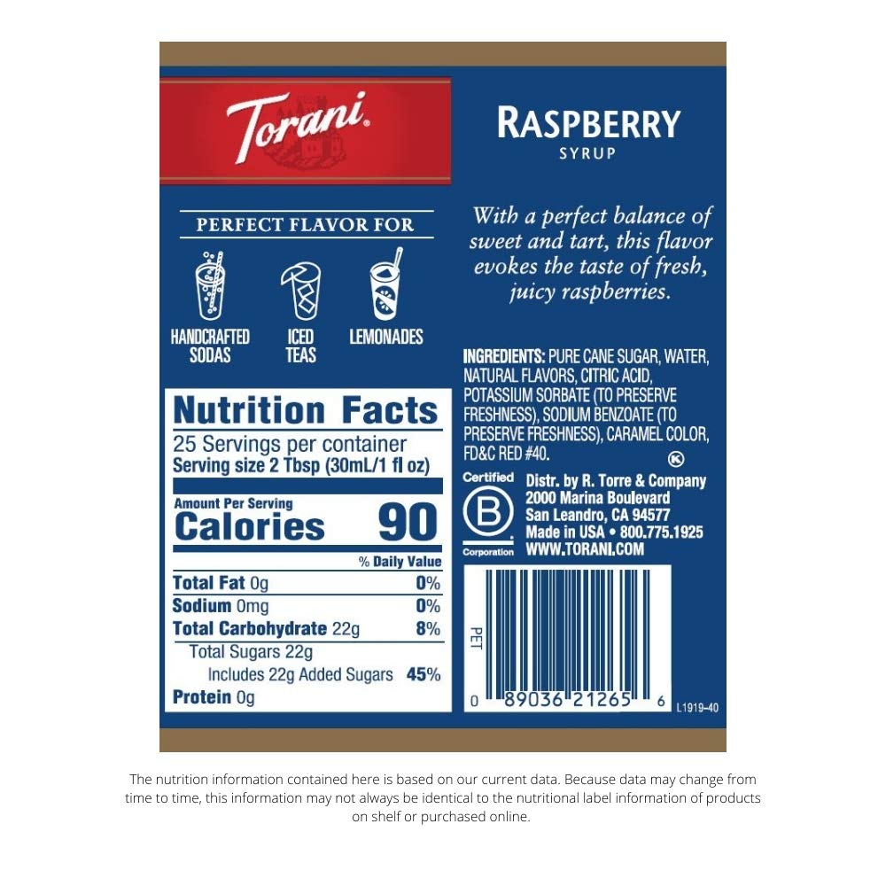 Torani Raspberry Syrup - 25.4 oz (Pack of 4) | Berry Flavor for Coffee, Sodas & More