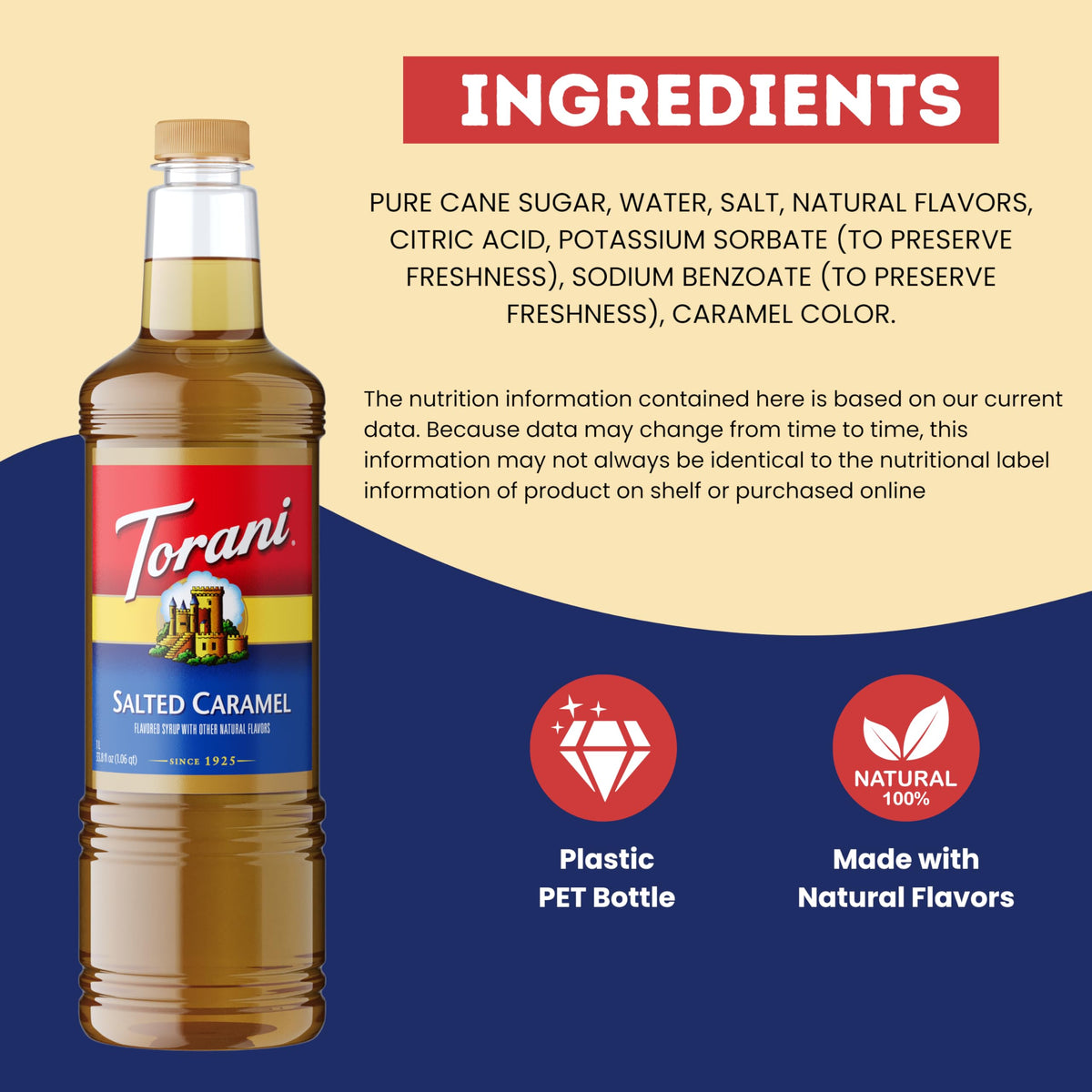 Torani Salted Caramel Flavoring Syrup – 1L Bottle with Pump Dispenser