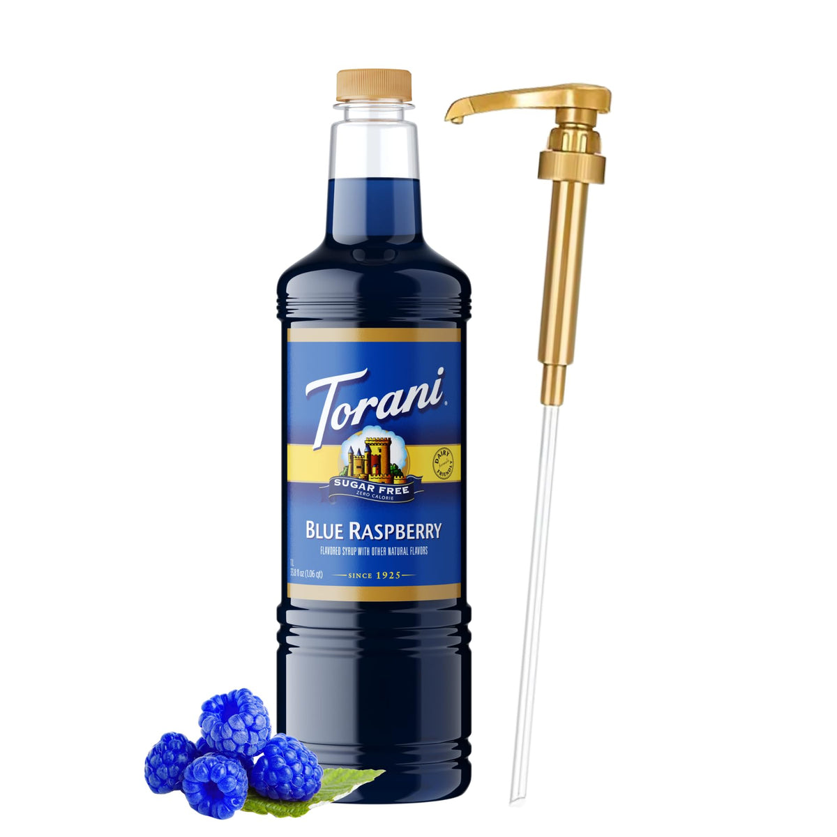 Torani Sugar Free Blue Raspberry Syrup 1 Liter with Pump – Keto, Zero Calorie, Low Carb
