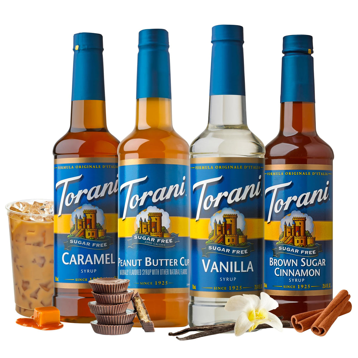 Torani Sugar Free Coffee Favorites Variety Pack — Caramel, Peanut Butter Cup, Vanilla & Brown Sugar Cinnamon (25.4 fl oz each, Set of 4)