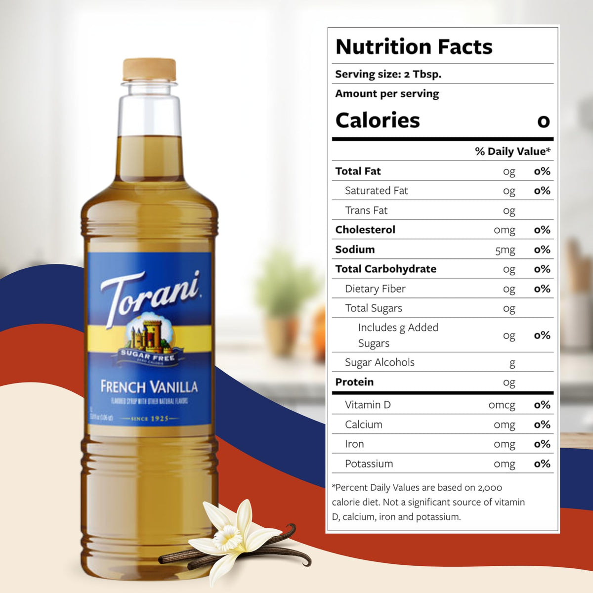 Torani Sugar Free French Vanilla Syrup 1 Liter with Pump – Zero Calorie Keto Coffee Flavor
