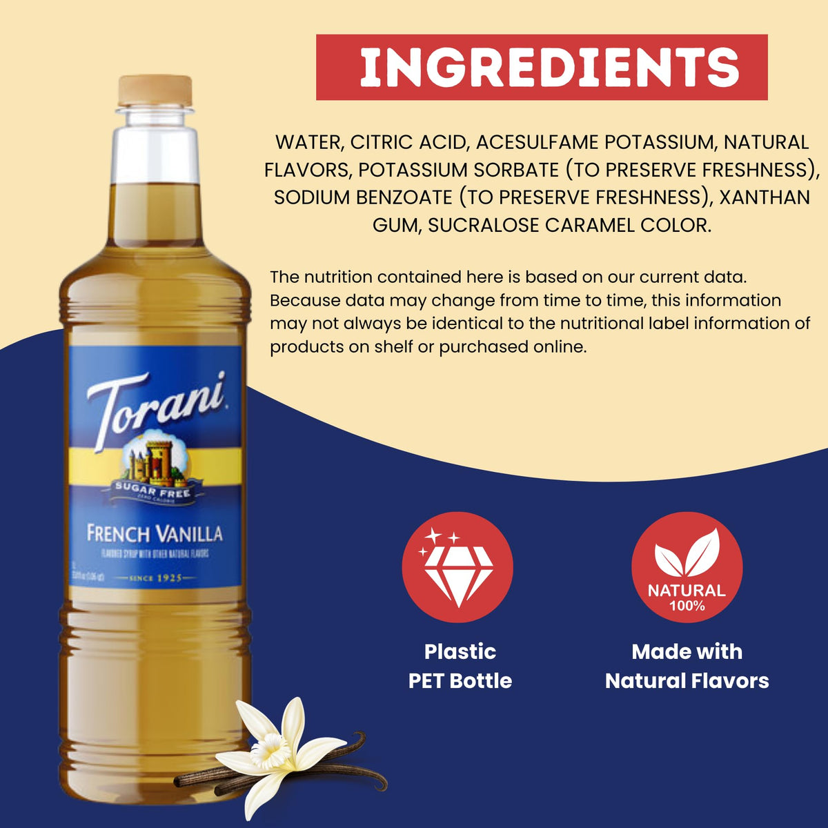 Torani Sugar Free French Vanilla Syrup 1 Liter with Pump – Zero Calorie Keto Coffee Flavor