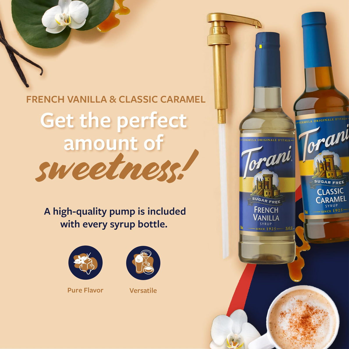 Torani Sugar Free Classic Caramel & French Vanilla Syrup 2-Pack – 750ml Each | Pumps Included