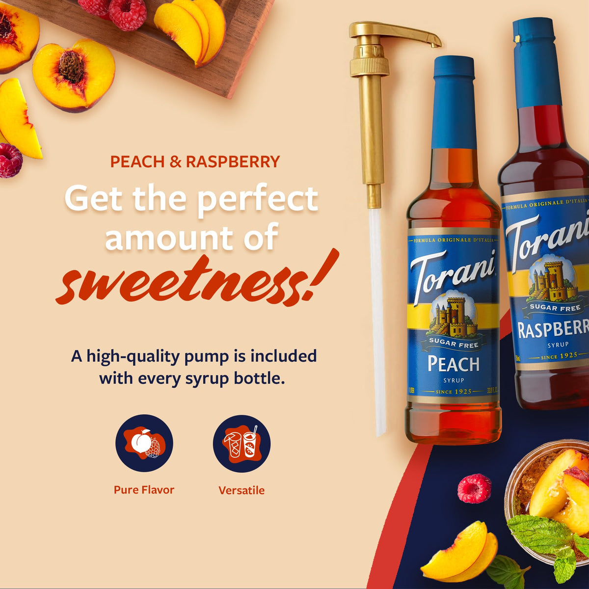 Torani Sugar Free Raspberry & Peach Syrup 2-Pack with Pumps – 750 ml Each