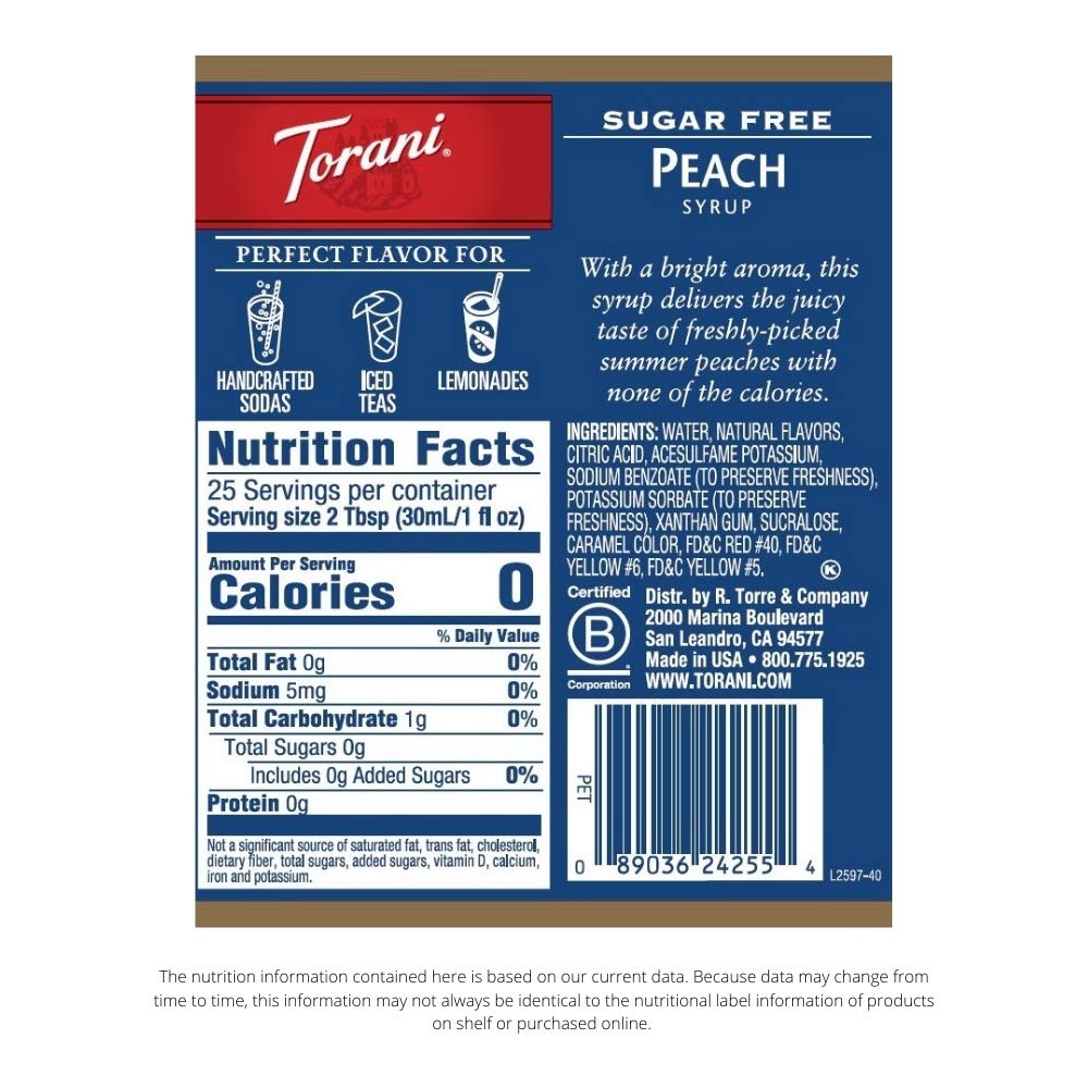 Torani Sugar Free Peach Syrup, 4 x 25.4 oz – Zero Calorie Peach Flavor