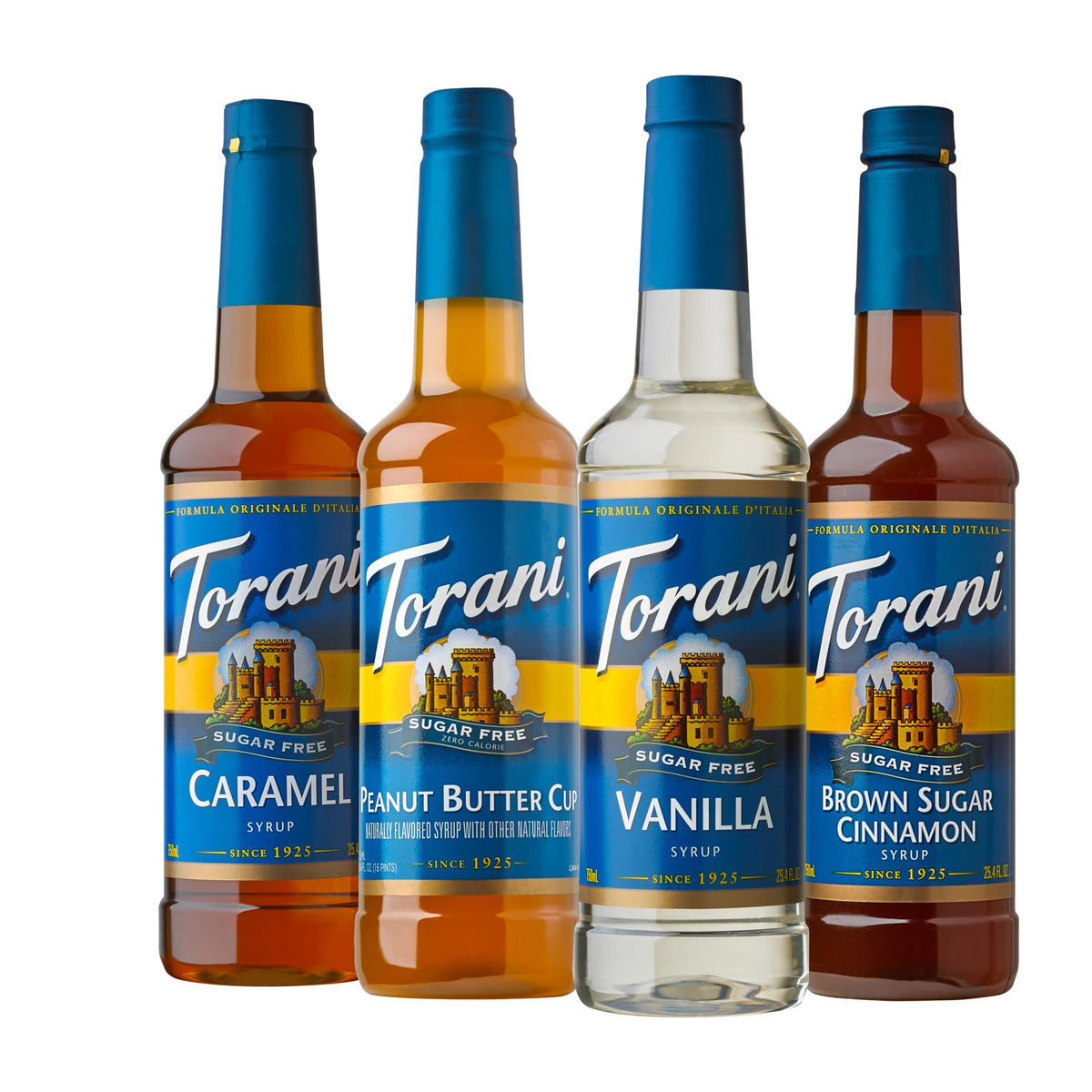 Torani Sugar Free Coffee Favorites Variety Pack — Caramel, Peanut Butter Cup, Vanilla & Brown Sugar Cinnamon (25.4 fl oz each, Set of 4)