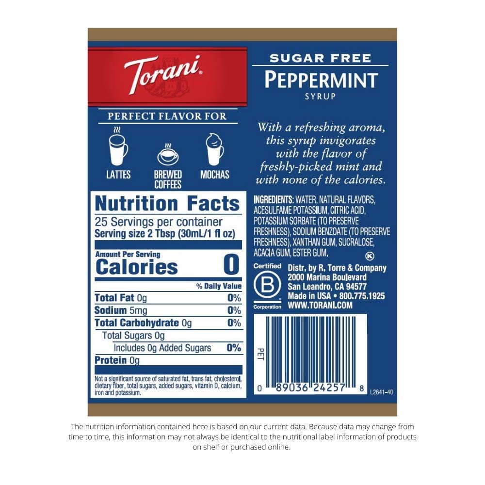Torani Sugar Free Peppermint Syrup – 25.4 oz x4 | Zero Calorie Mint Flavor for Coffee, Tea & More