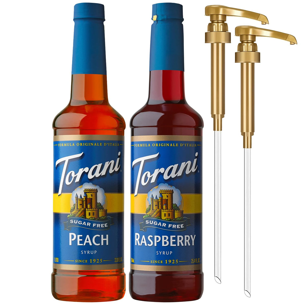 Torani Sugar Free Raspberry & Peach Syrup 2-Pack with Pumps – 750 ml Each