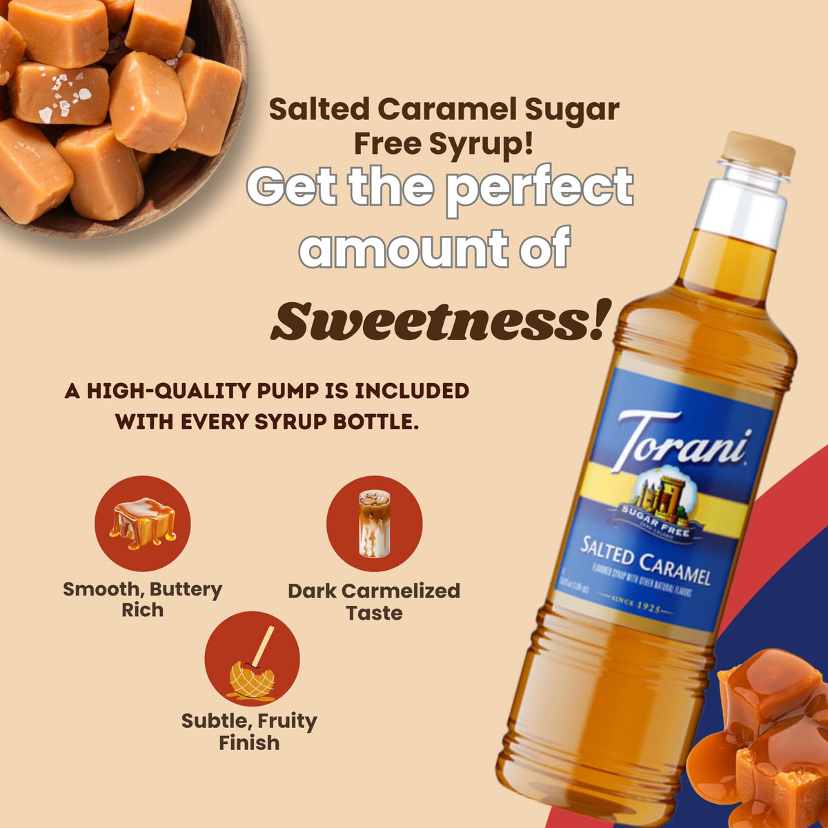 Torani Sugar Free Salted Caramel Syrup 1L Bottle with Pump – Zero Calorie Keto Coffee Syrup