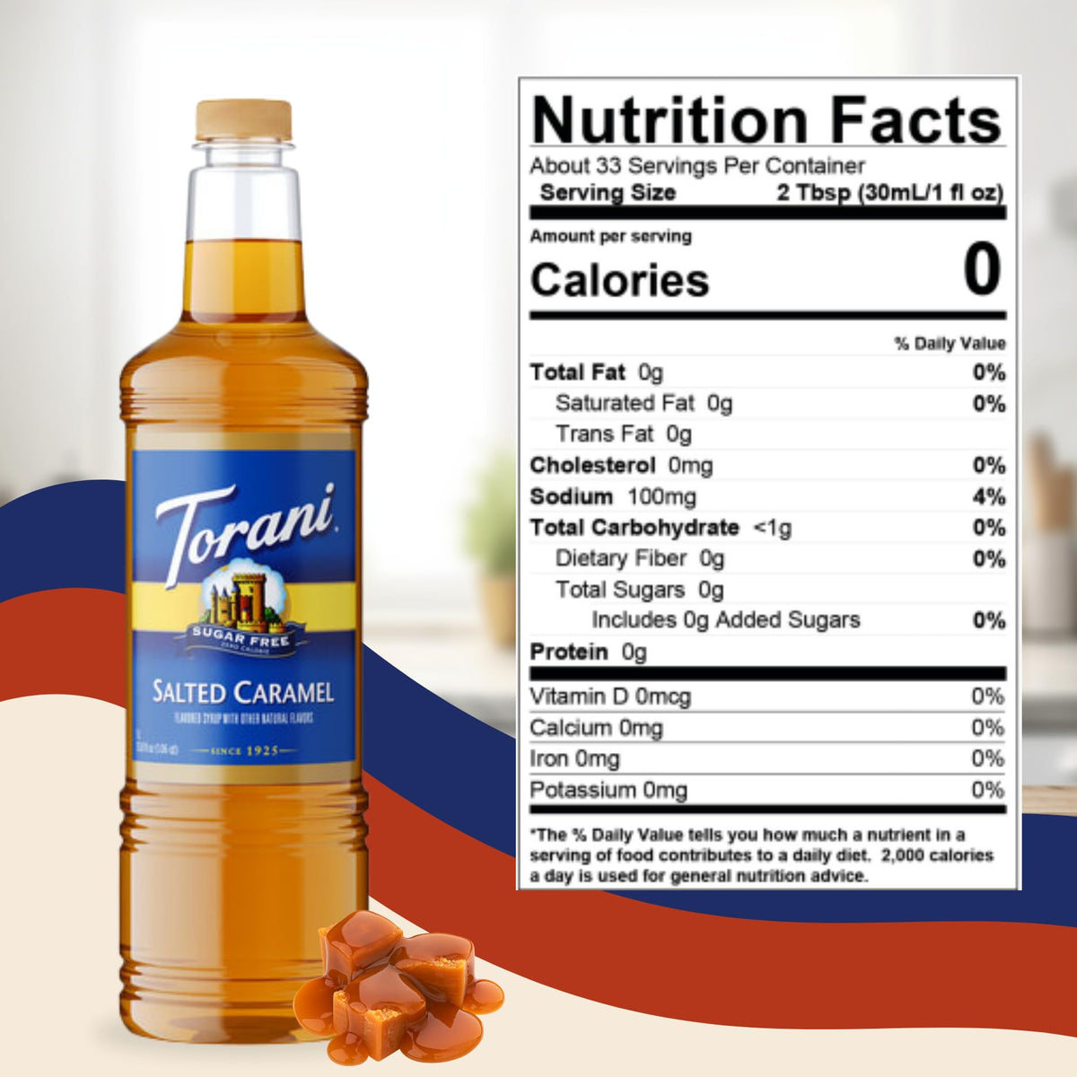 Torani Sugar Free Salted Caramel Syrup 1L Bottle with Pump – Zero Calorie Keto Coffee Syrup