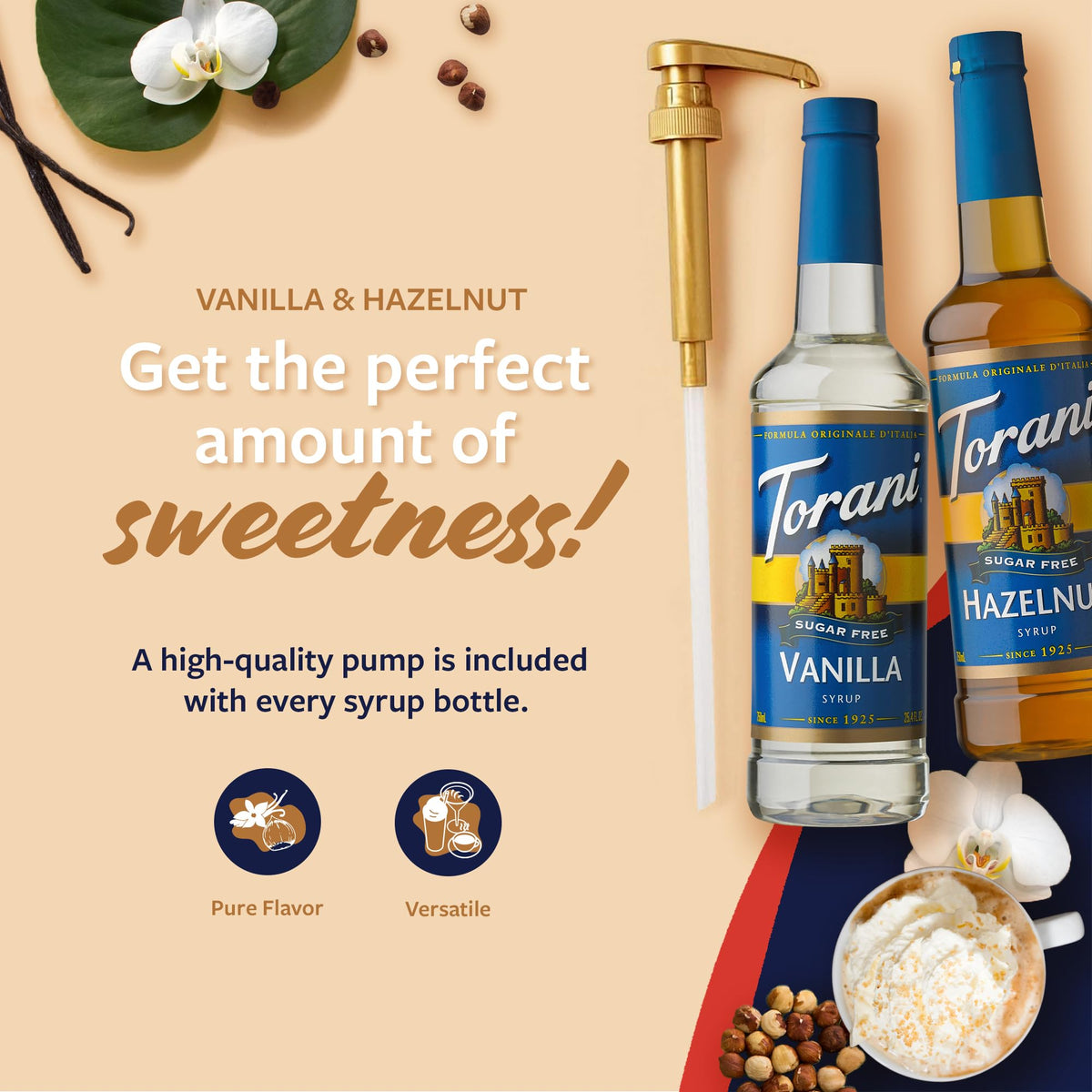 Torani Sugar Free Hazelnut & Vanilla Syrup 2-Pack with Pumps – No Sugar Coffee Syrups