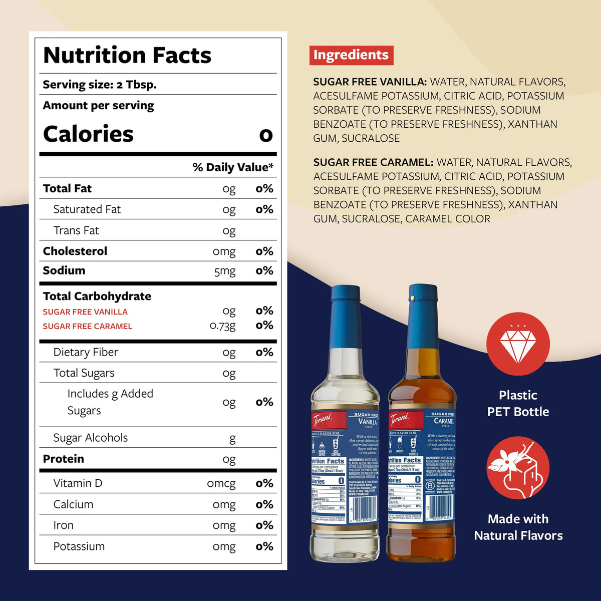 Torani Sugar Free Caramel & Vanilla Syrup 2-Pack — Pumps Included, 25.4 oz Each
