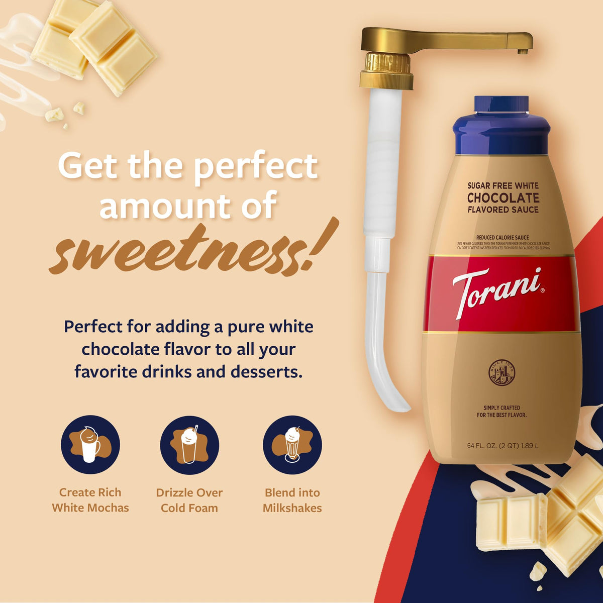 Torani Sugar Free White Chocolate Sauce – 64 oz Pump Bottle for Coffeehouse-Quality Drinks