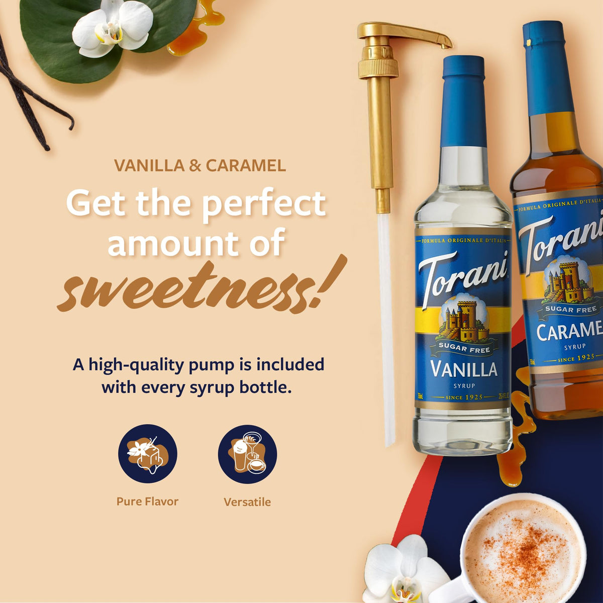 Torani Sugar Free Caramel & Vanilla Syrup 2-Pack — Pumps Included, 25.4 oz Each