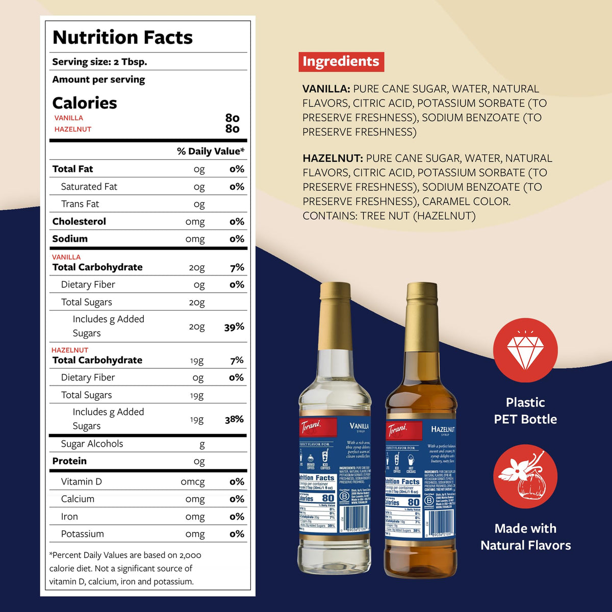 Torani Hazelnut & Vanilla Syrup 2-Pack with Pumps – 25.4 Fl Oz Each