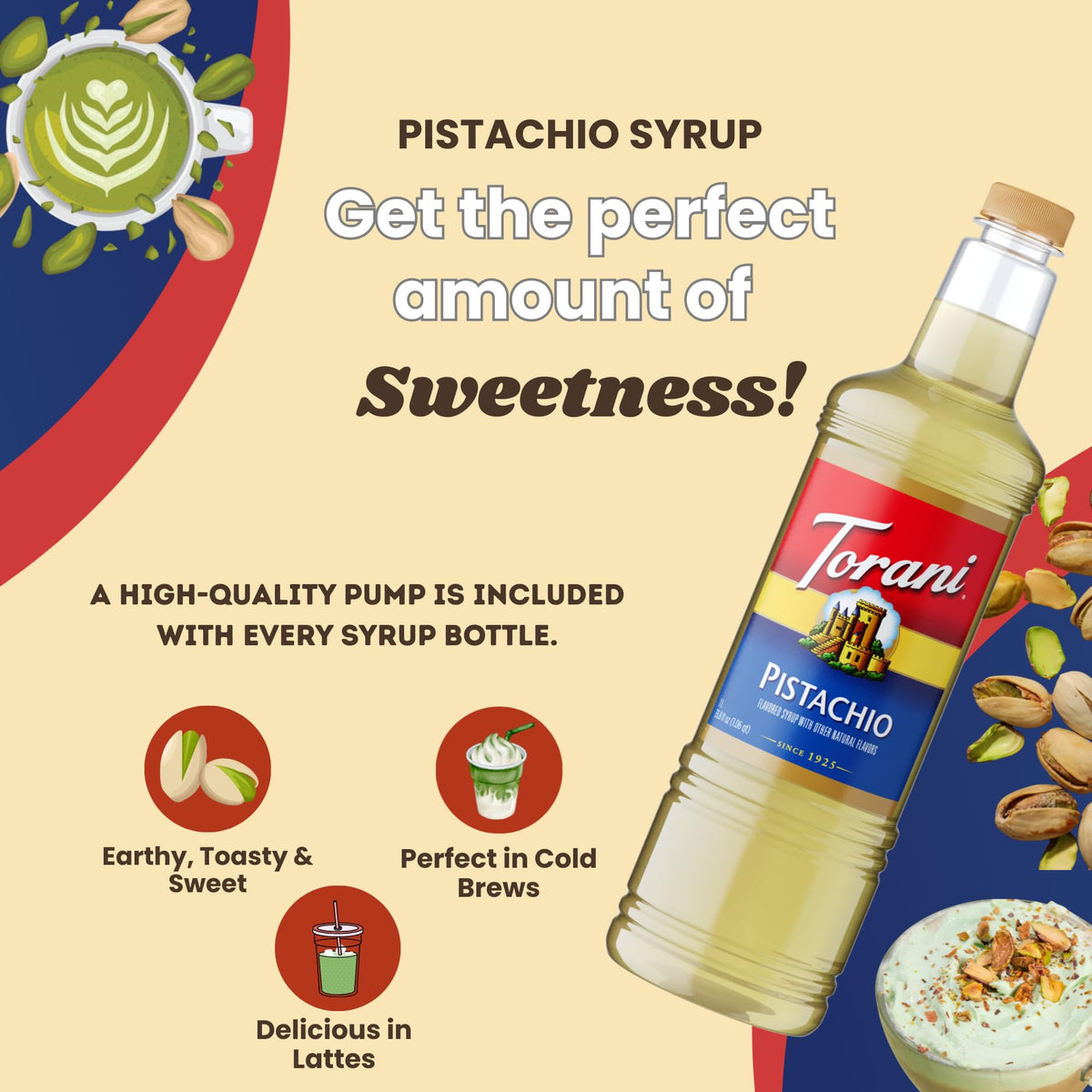 Torani Pistachio Coffee Syrup 1 Liter Bottle with Pump – Pure Cane Sugar & Natural Pistachio Flavor